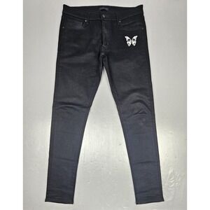 Uniqlo Jeans Mens 34x33 Black Skinny Tapered Stretch Butterfly Skull Patch